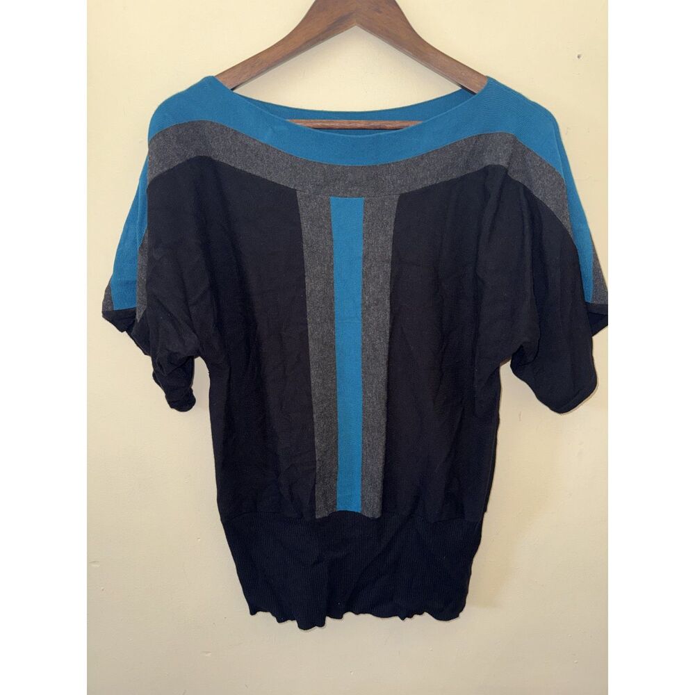 Cable & Gauge Colorblock Knit Top M Black Teal Blue Gray Dolman Sleeve Boat Neck - Picture 1 of 7